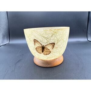 Vintage MCM BOHO Fiberglass Decorative Bowl on Wood Base wButterflies